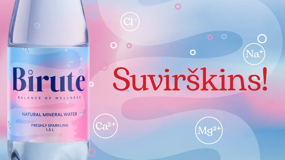 Kampanijos pabaigos kadras: Birutės butelis, užrašas „Suvirškins!“ ir mineralų simboliai.